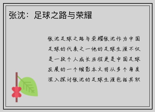 张沈：足球之路与荣耀