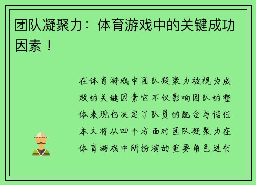 团队凝聚力：体育游戏中的关键成功因素 !